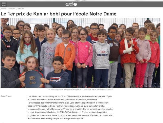 Le premier prix de Kan ar bobl pour l'école Notre-Dame