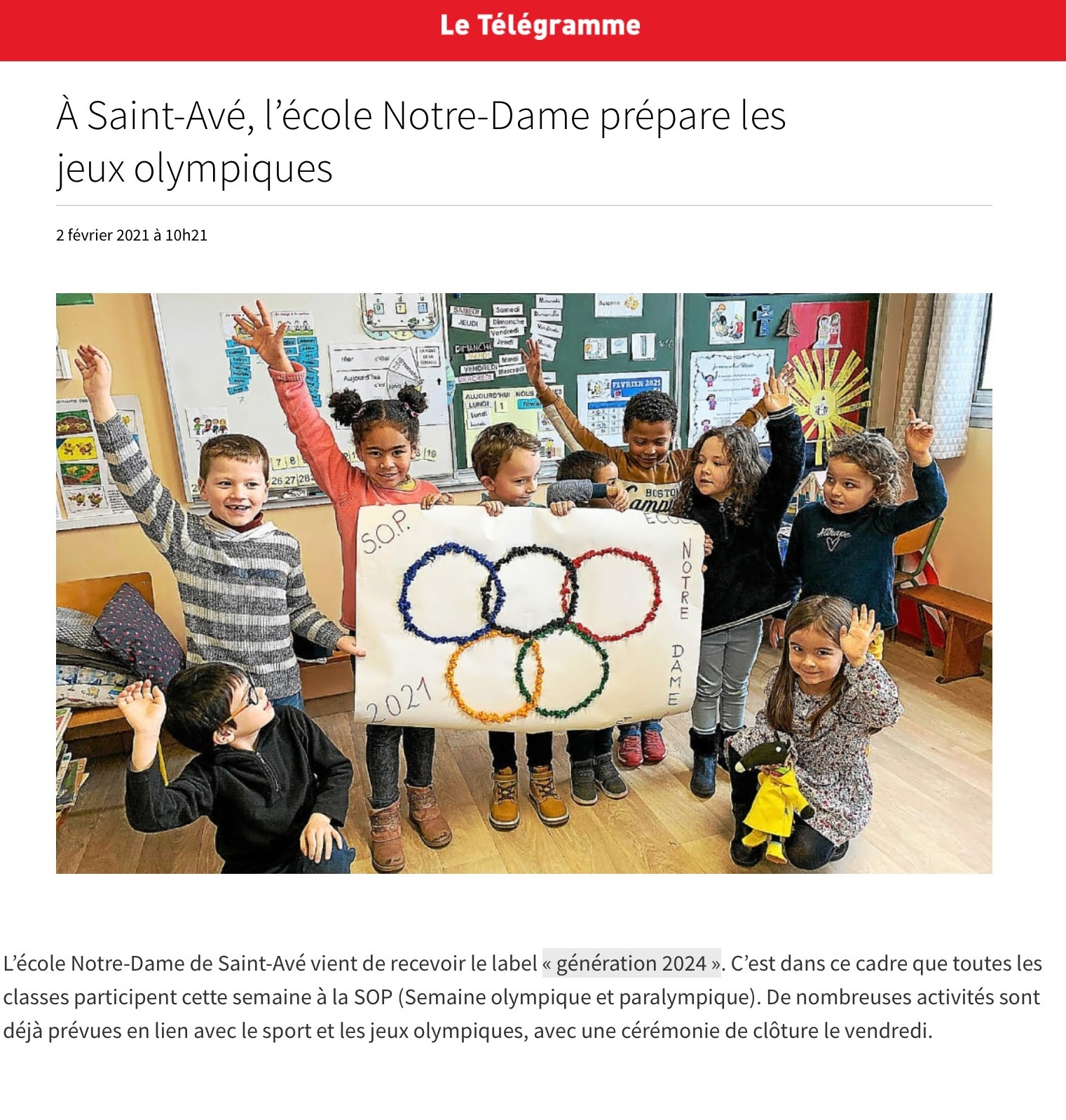 L'école Notre-Dame prépare les Jeux Olympiques