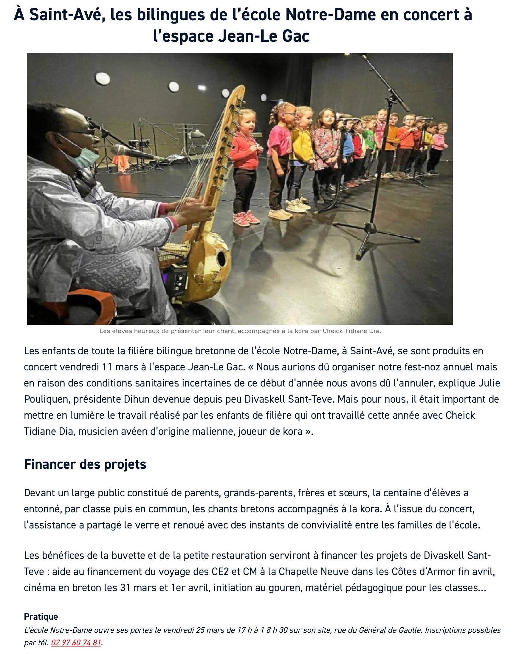 Les bilingues de l'école Notre-Dame en concert à l'espace Jean Le Gac